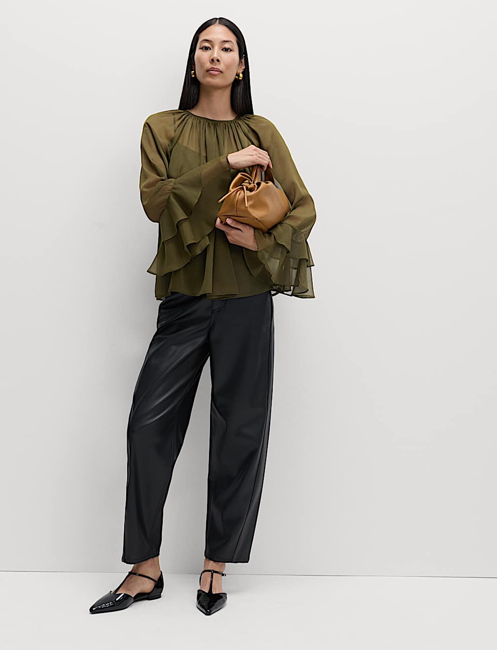 Crew Neck Ruffle Sleeve Blouse
