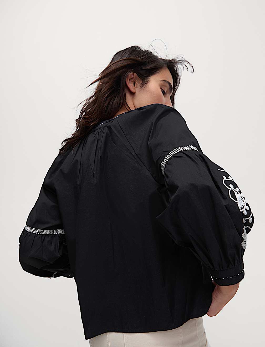 Pure Cotton Embroidered V-Neck Blouse