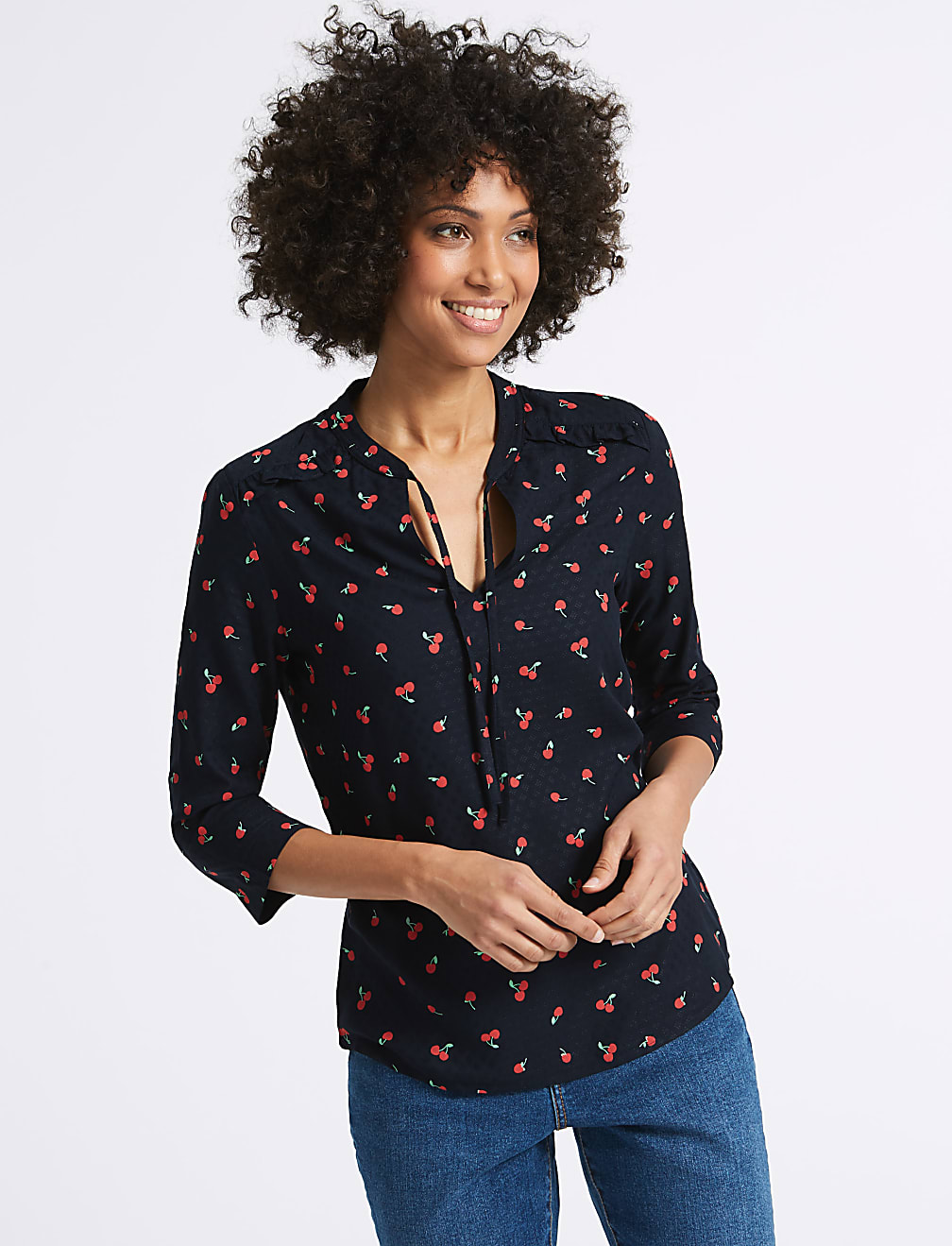 Cherry Print Notch Neck &frac34; Sleeve Blouse