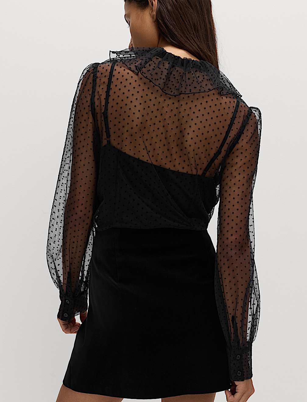 Polka Dot Tie Neck Frill Detail Blouse