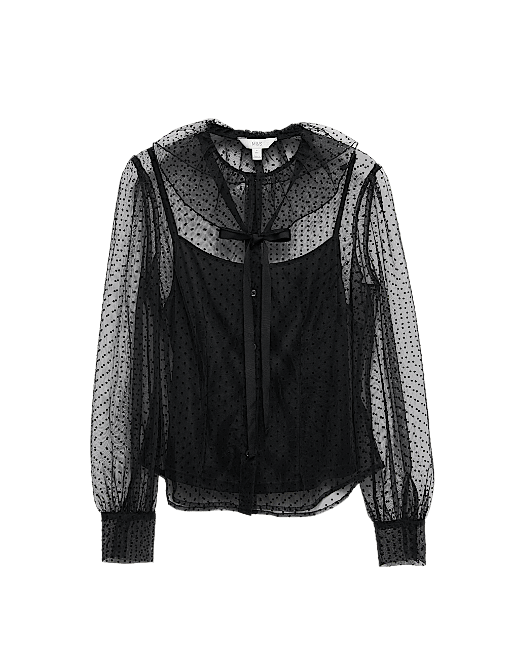 Polka Dot Tie Neck Frill Detail Blouse
