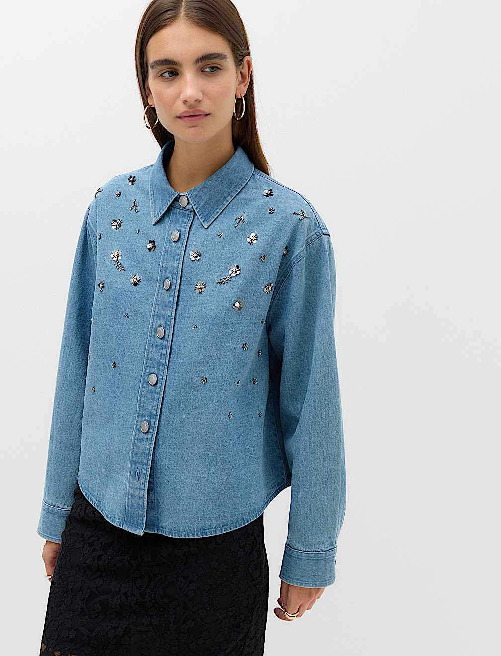 Embellished Denim Collared Shirt