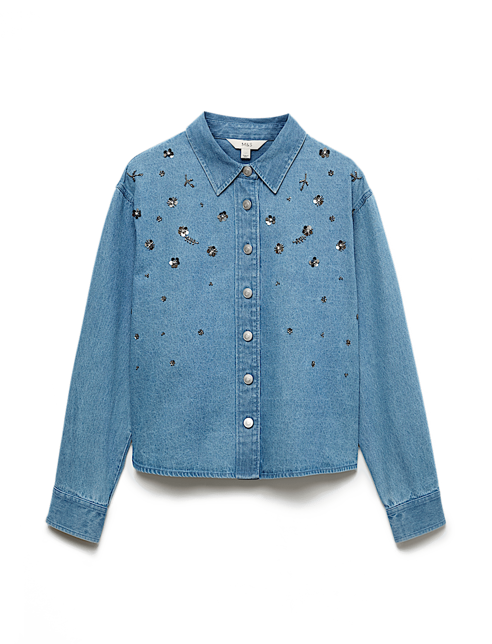 Embellished Denim Collared Shirt