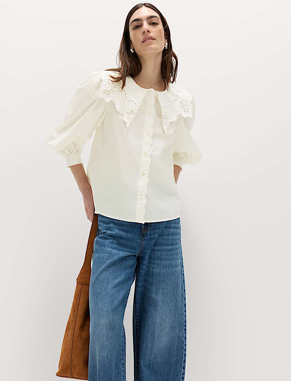 Pure Cotton Broderie Collared Shirt
