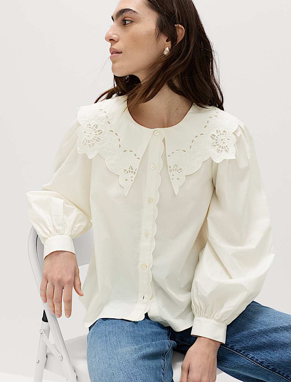 Pure Cotton Broderie Collared Shirt