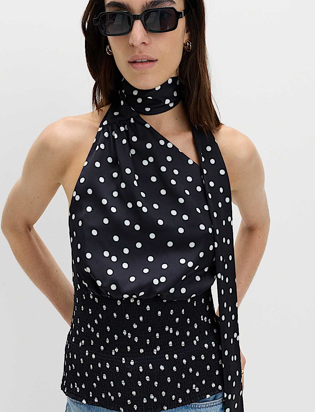 Satin Scarf Detail Shirred Top