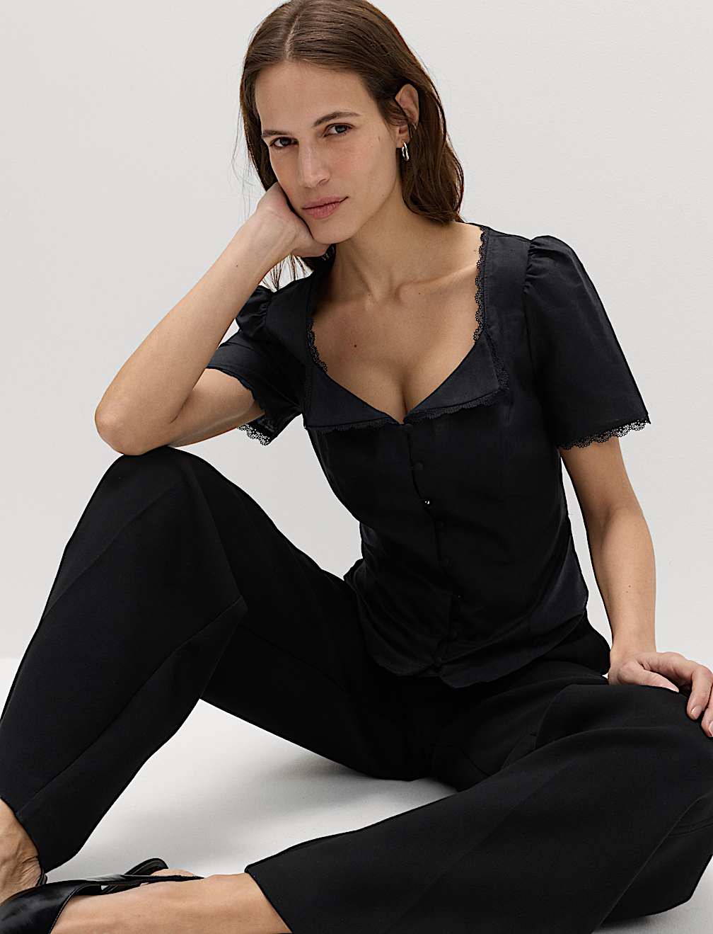 Cotton Blend Lace Detail Waisted Top