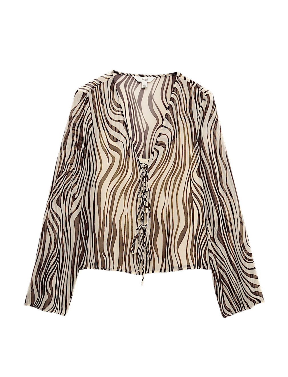 Zebra Print Tie Front Flute Sleeve Blouse