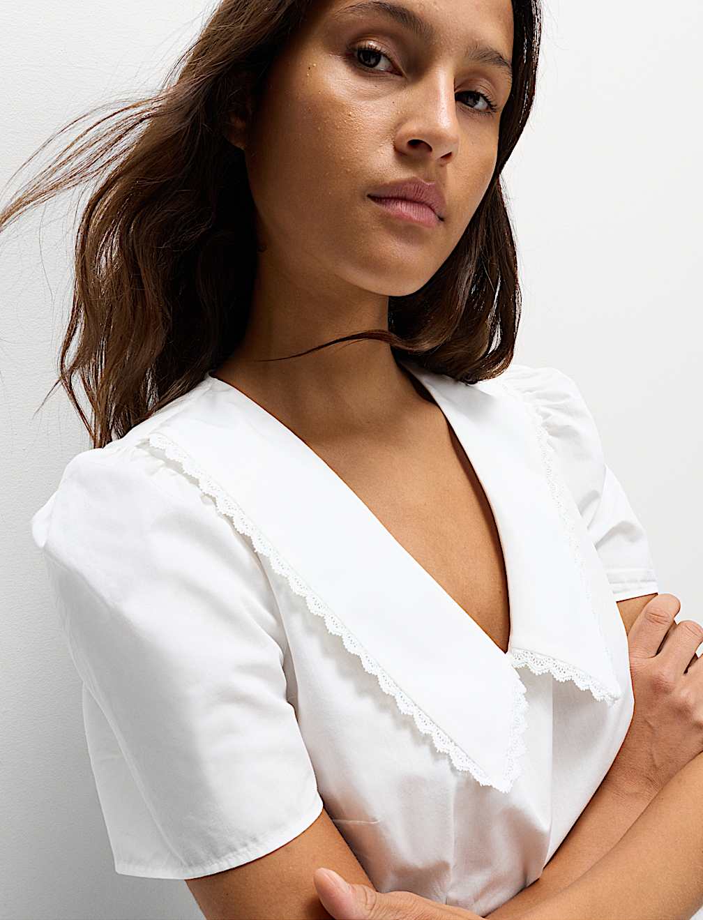 Pure Cotton Peter Pan Collar V Neck Waisted Blouse