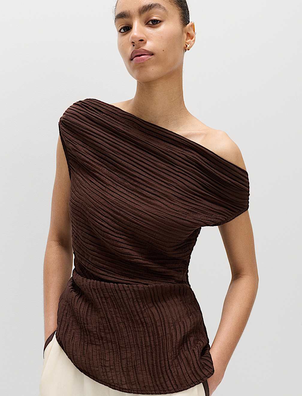Plisse Asymmetric Neck Bardot Top