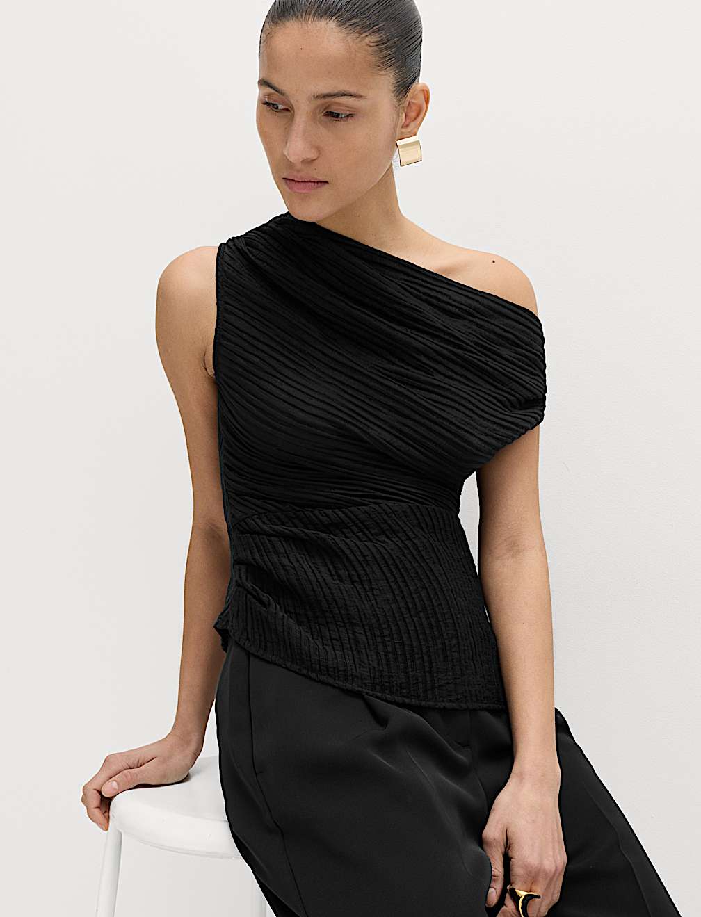 Plisse Asymmetric Neck Bardot Top