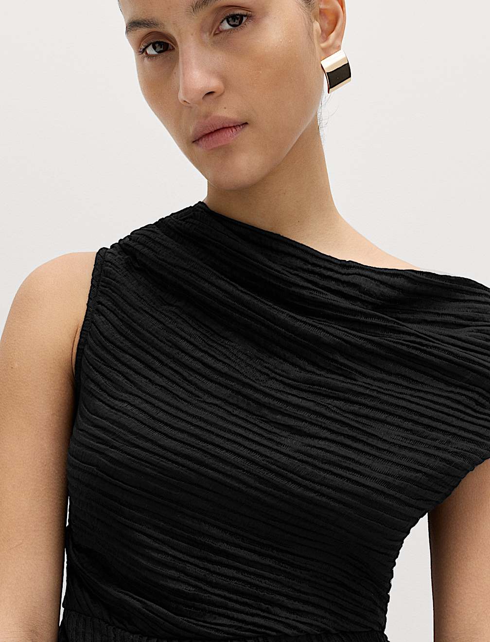 Plisse Asymmetric Neck Bardot Top