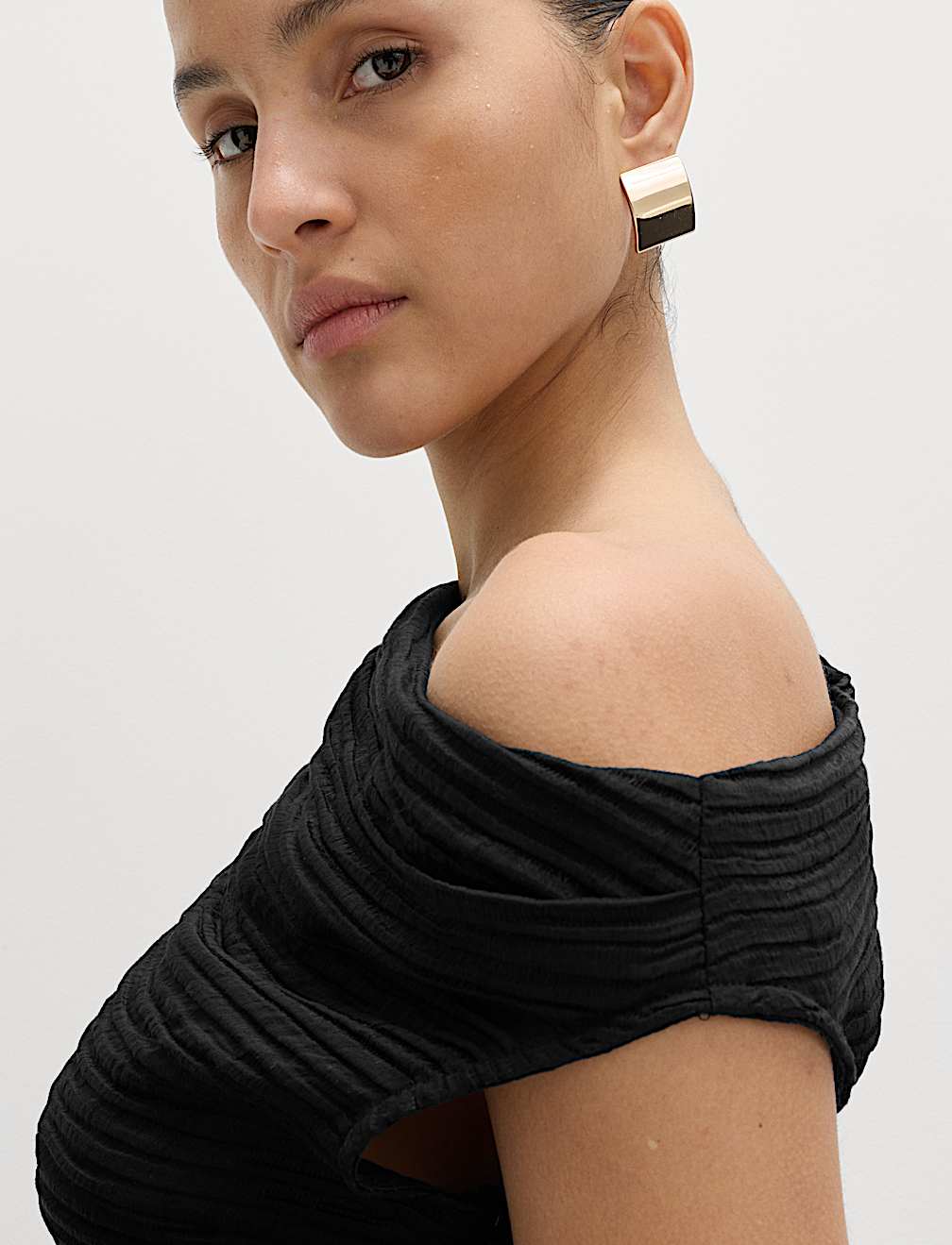 Plisse Asymmetric Neck Bardot Top