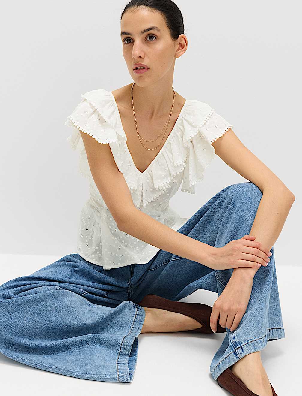 Embroidered Frill Detail Top