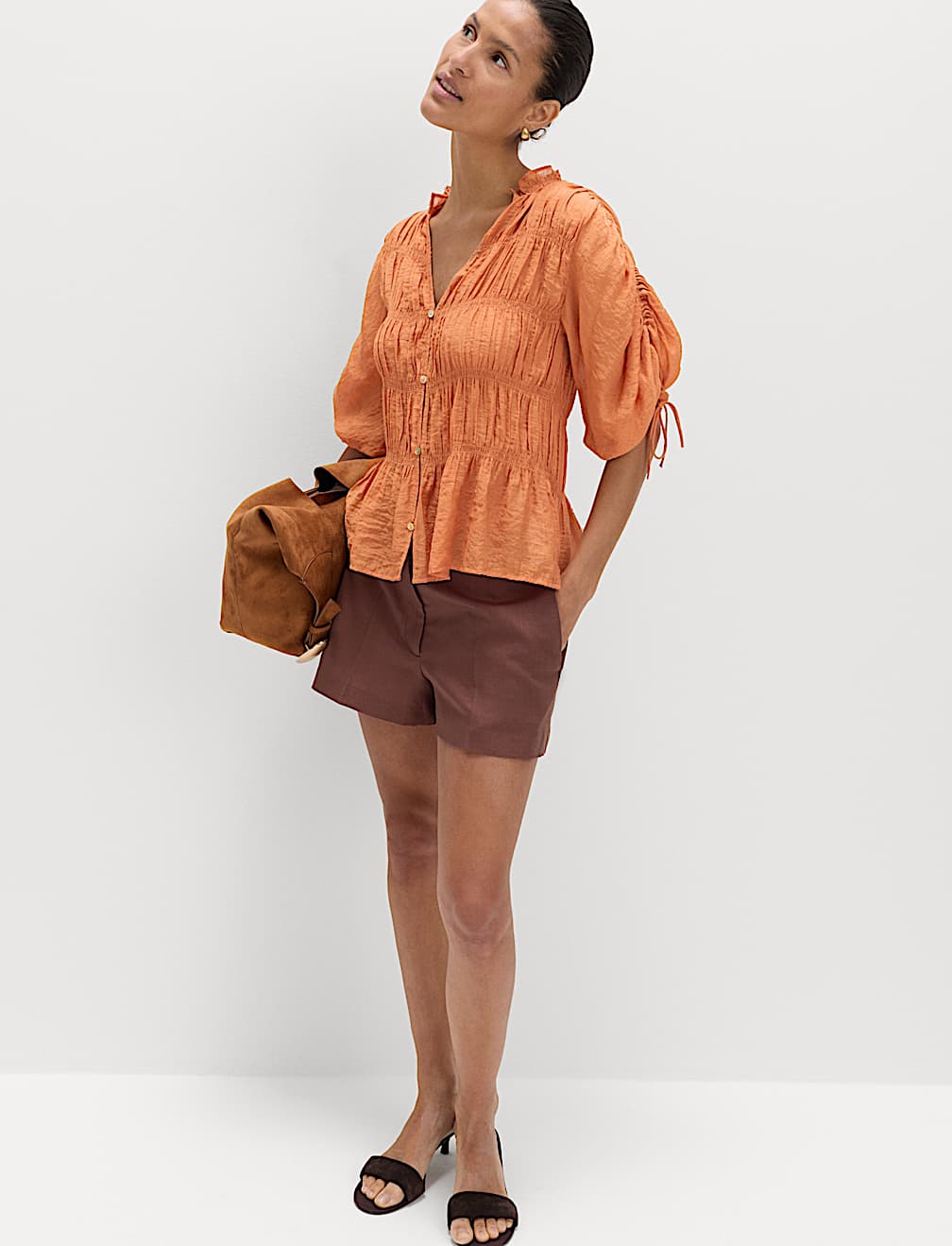 V-Neck Shirred Button Through Blouse