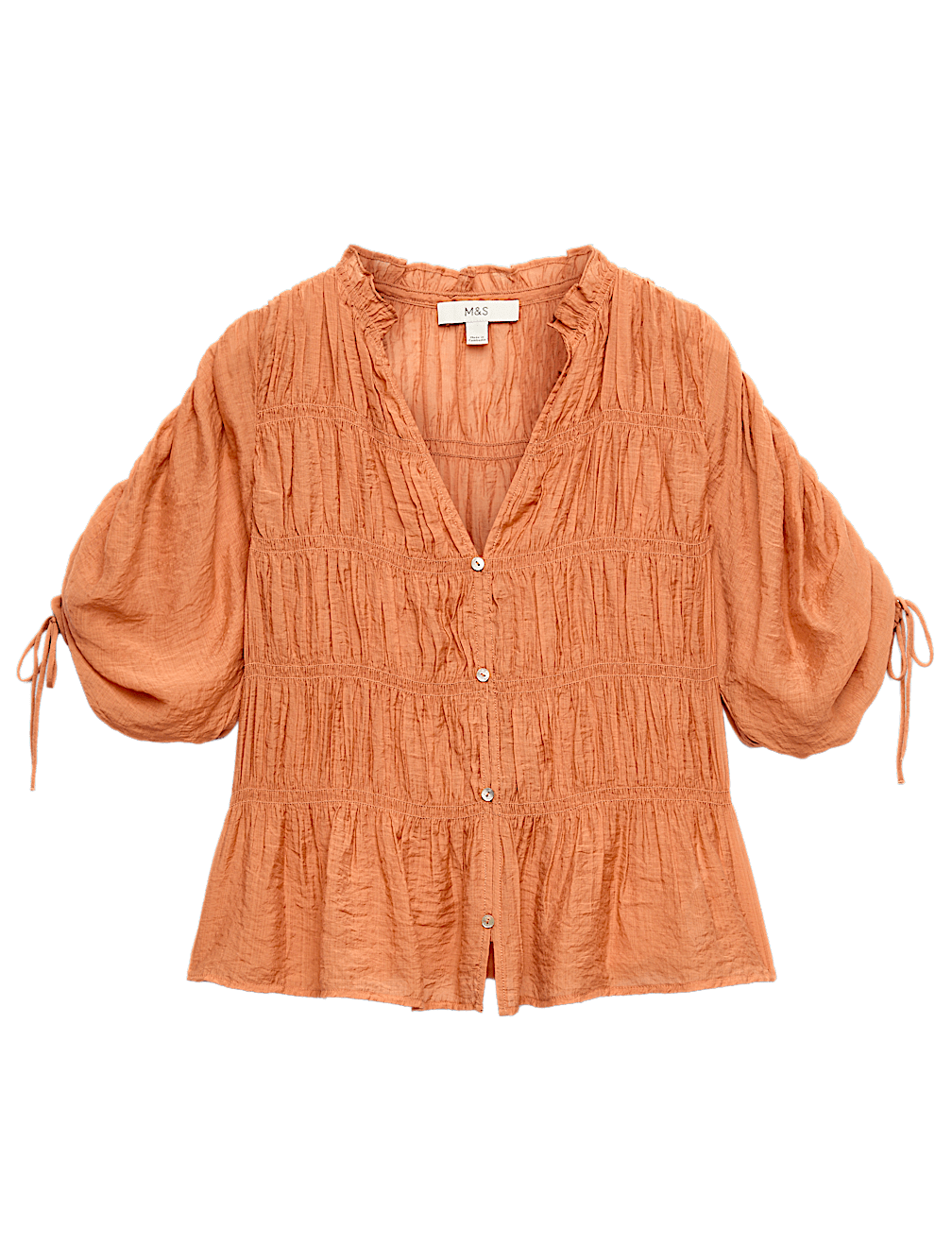 V-Neck Shirred Button Through Blouse