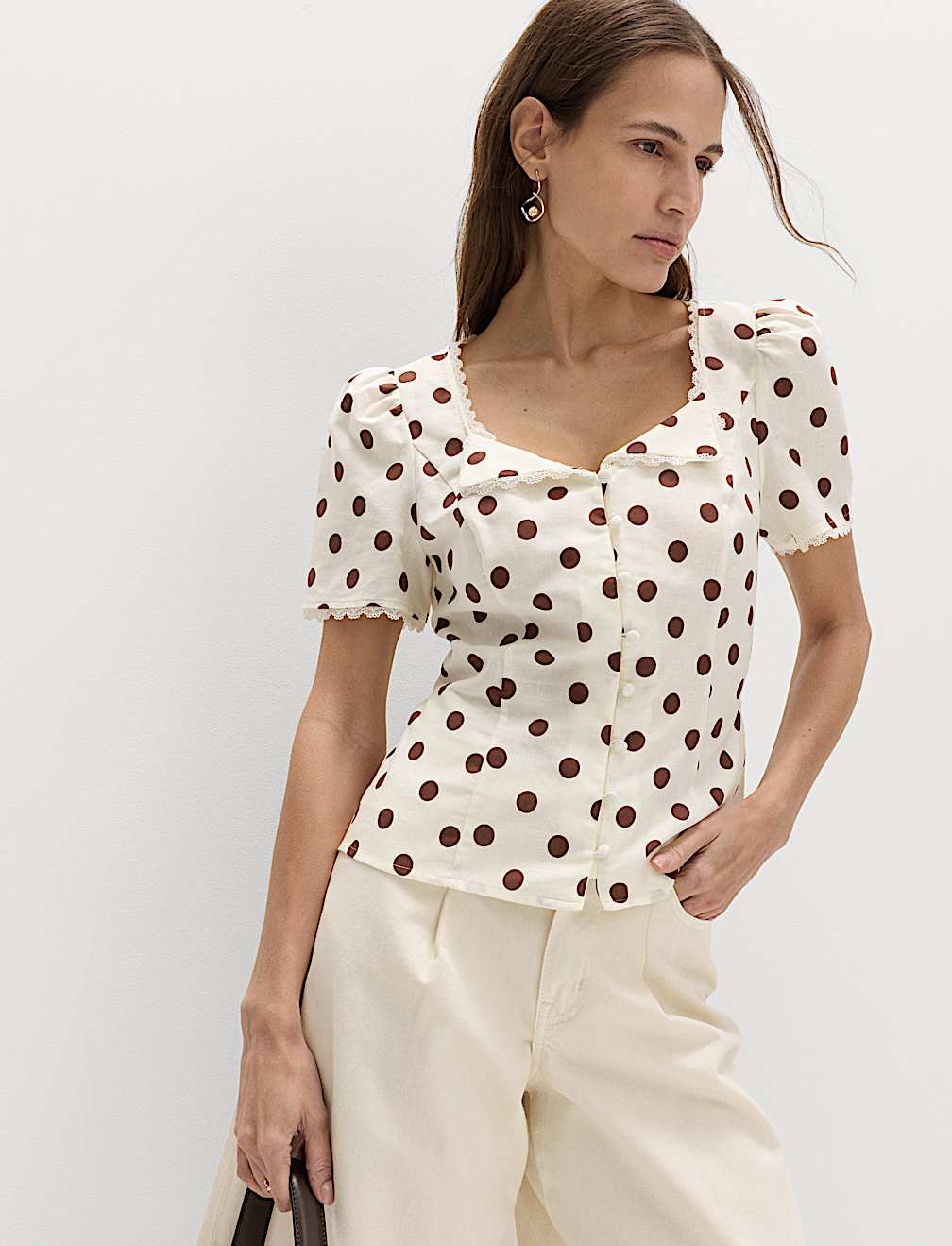 Polka Dot Lace Detail Button Through Top