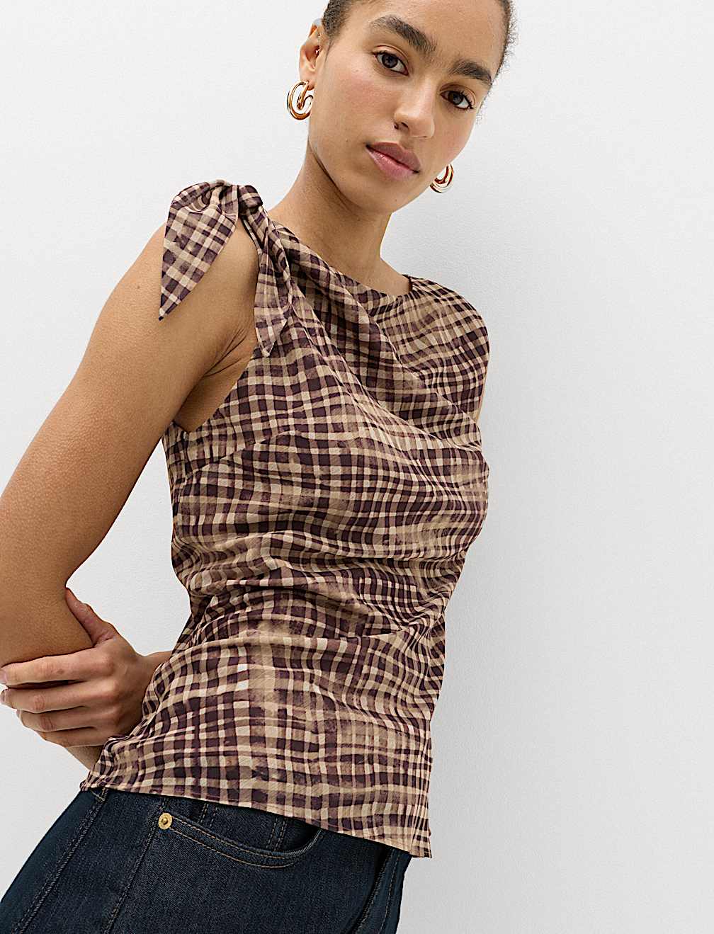 Checked Asymmetric Tie Detail Top
