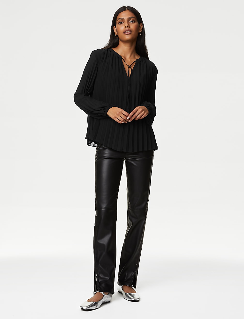 Pleated Tie Neck Popover Blouse