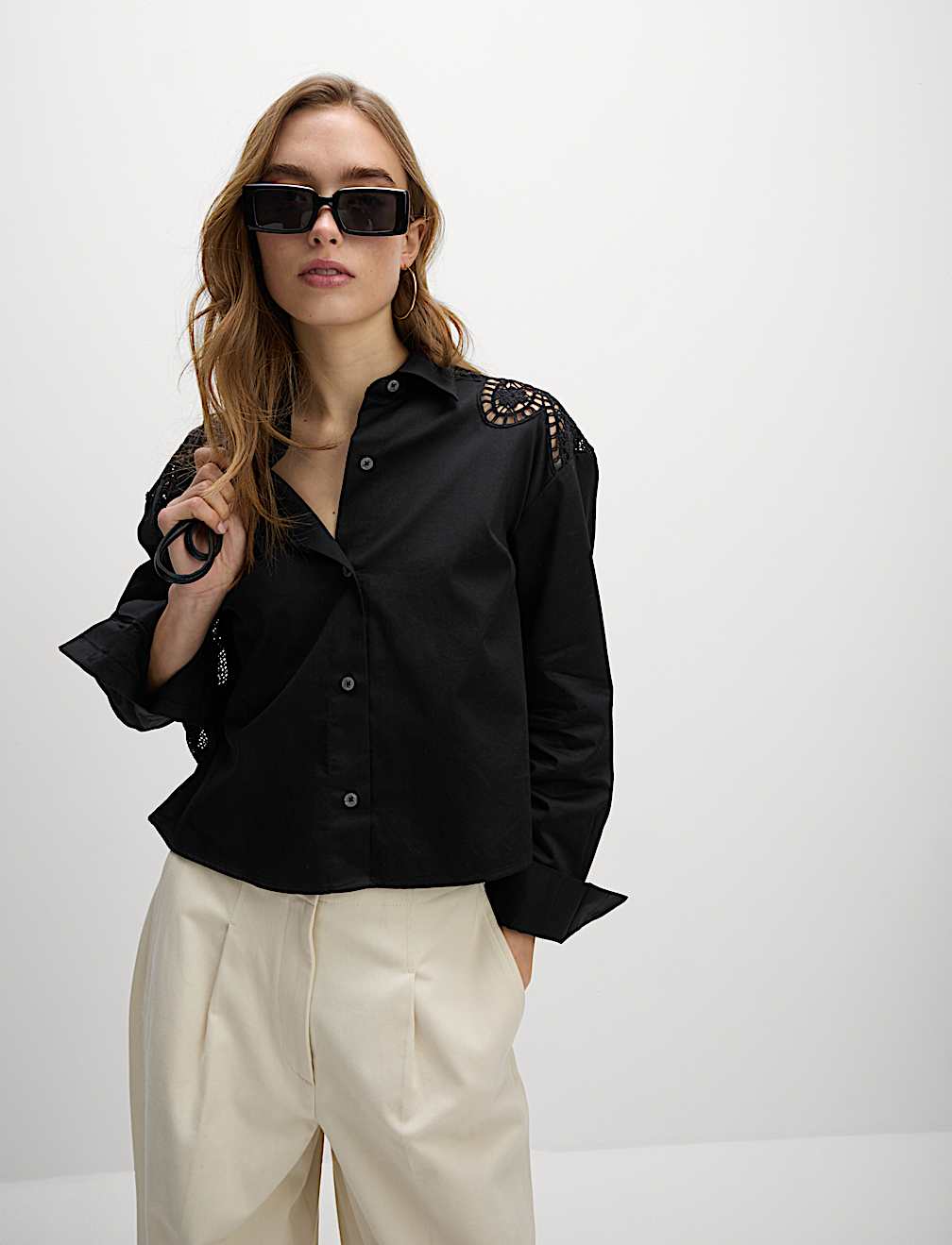Pure Cotton Cutwork Detail Cropped Shirt
