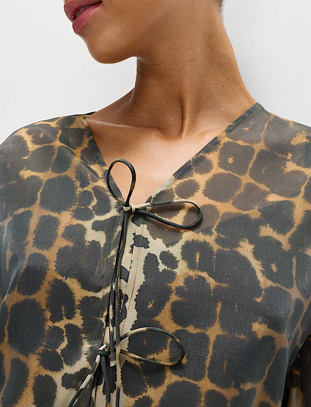 Organza Animal Print V-Neck Tie Front Top