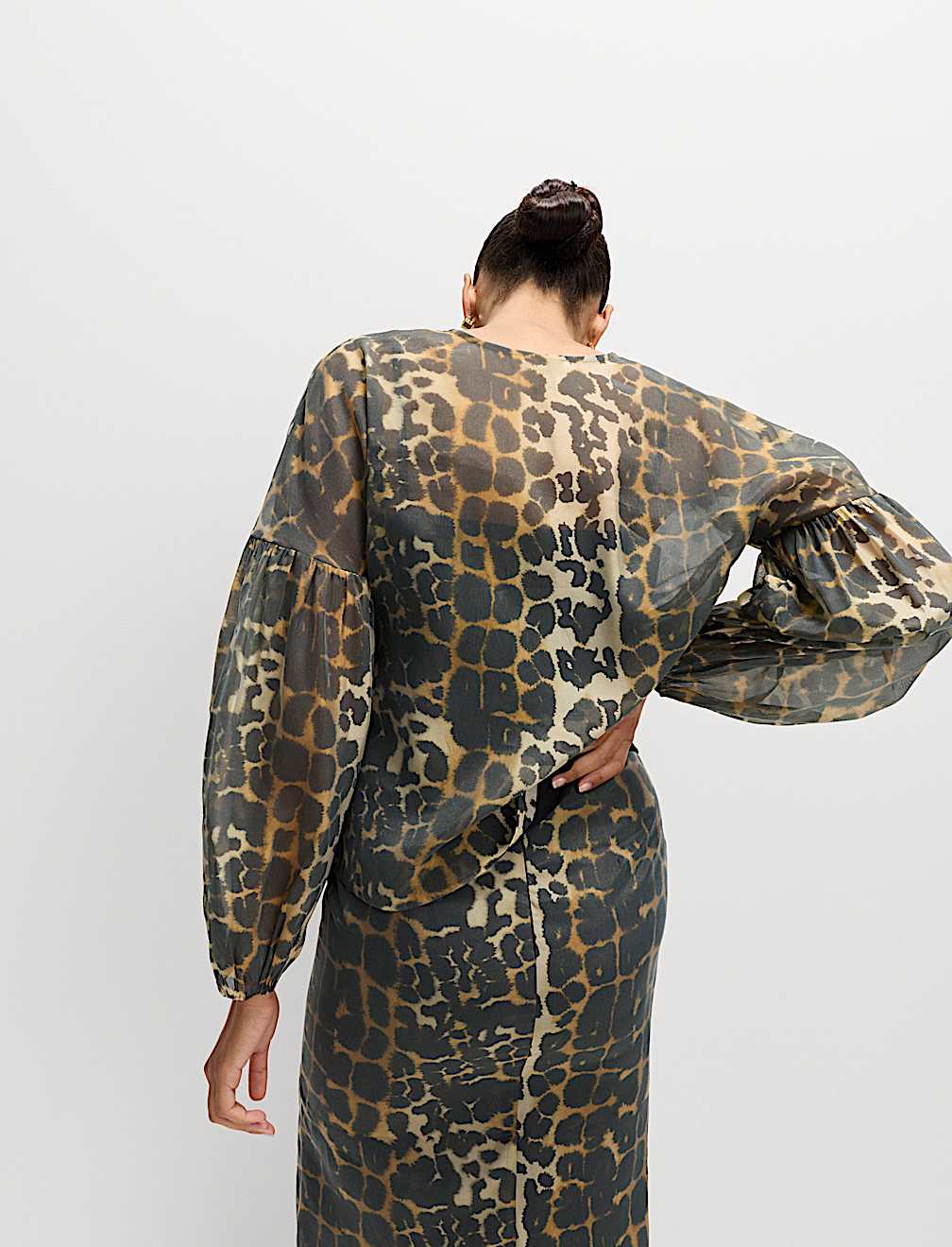 Organza Animal Print V-Neck Tie Front Top