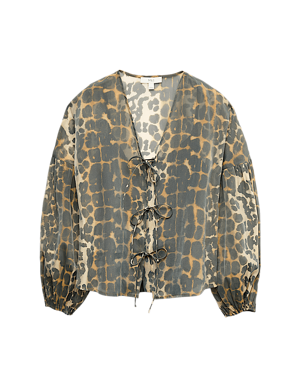 Organza Animal Print V-Neck Tie Front Top