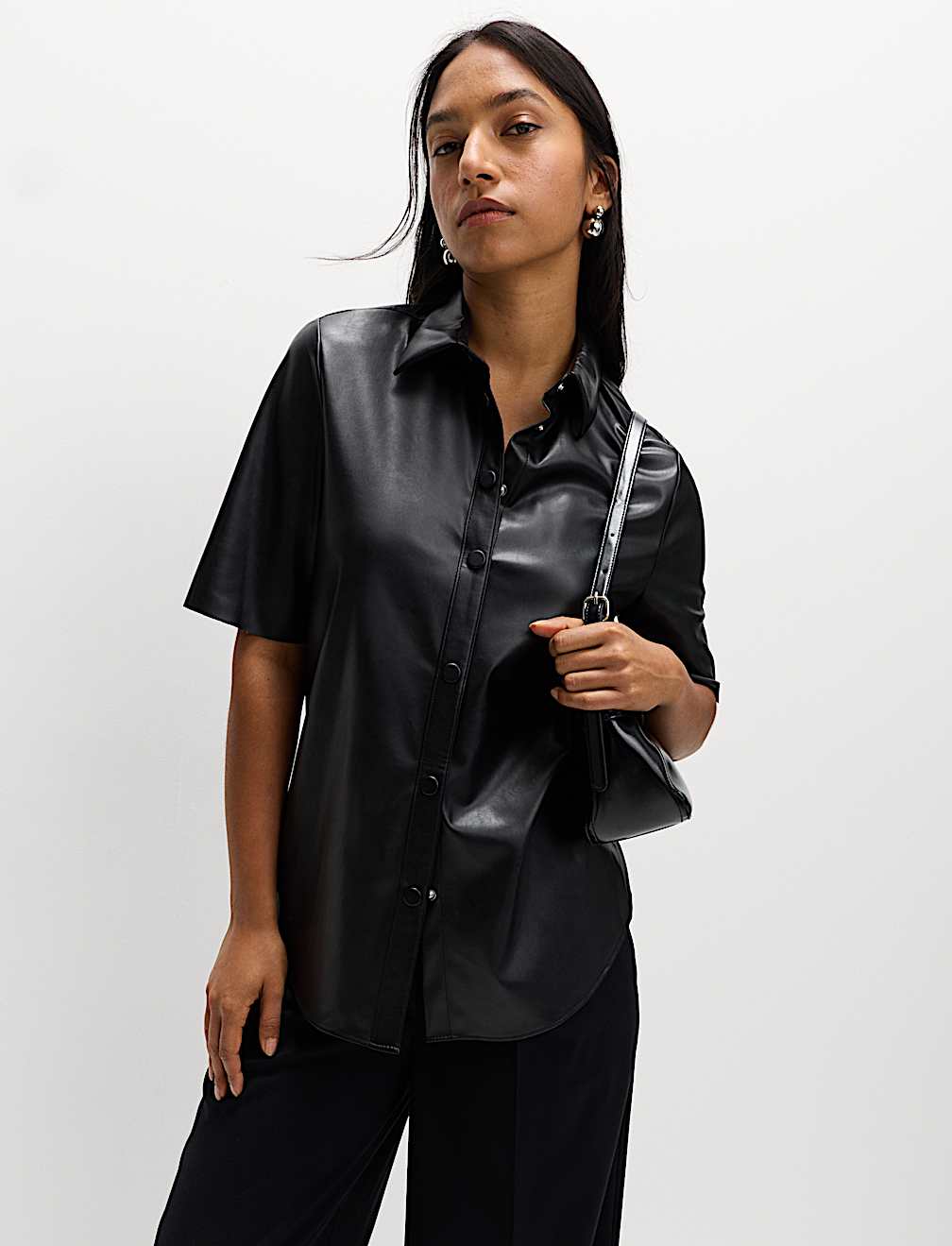 Faux Leather Collared Button Through Shirt