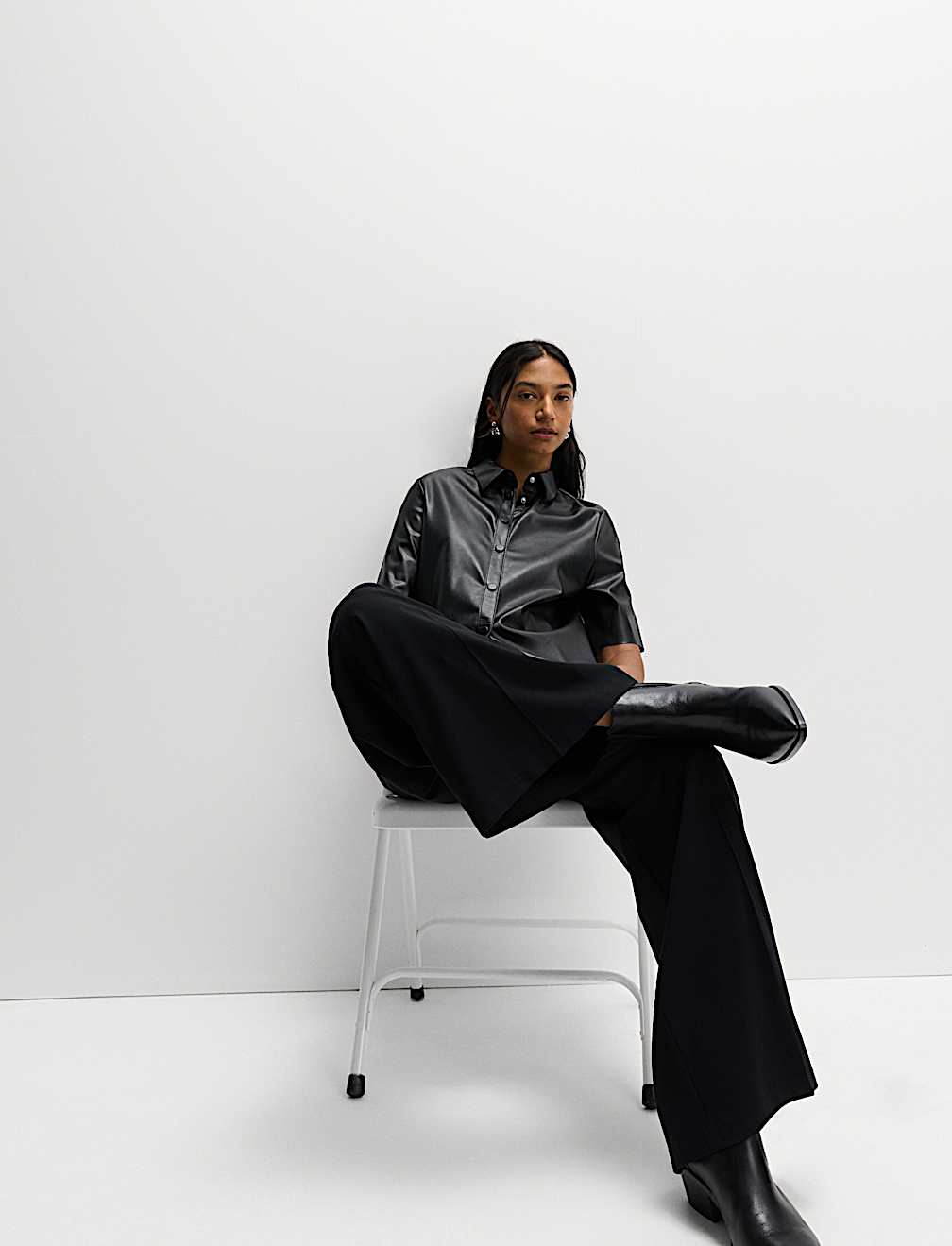 Faux Leather Collared Button Through Shirt