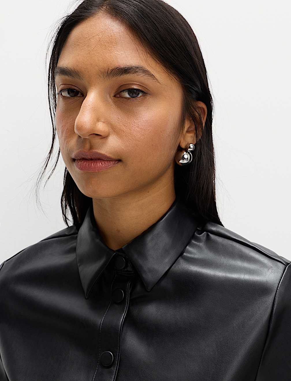 Faux Leather Collared Button Through Shirt