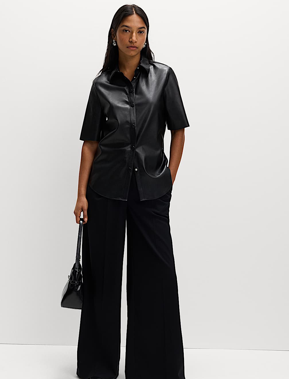 Faux Leather Collared Button Through Shirt