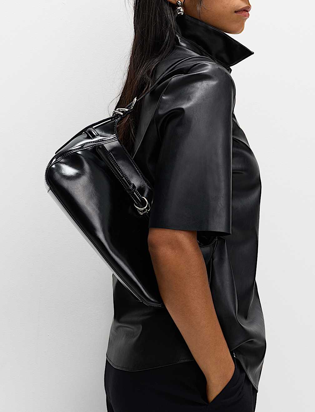 Faux Leather Collared Button Through Shirt