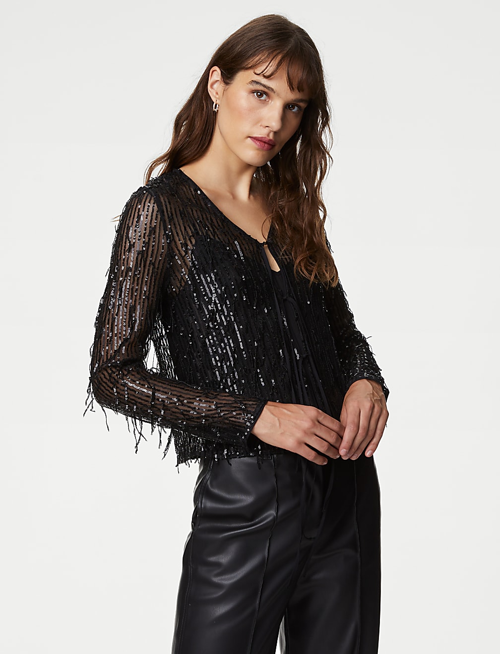 Sequin V-Neck Tie Front Blouse