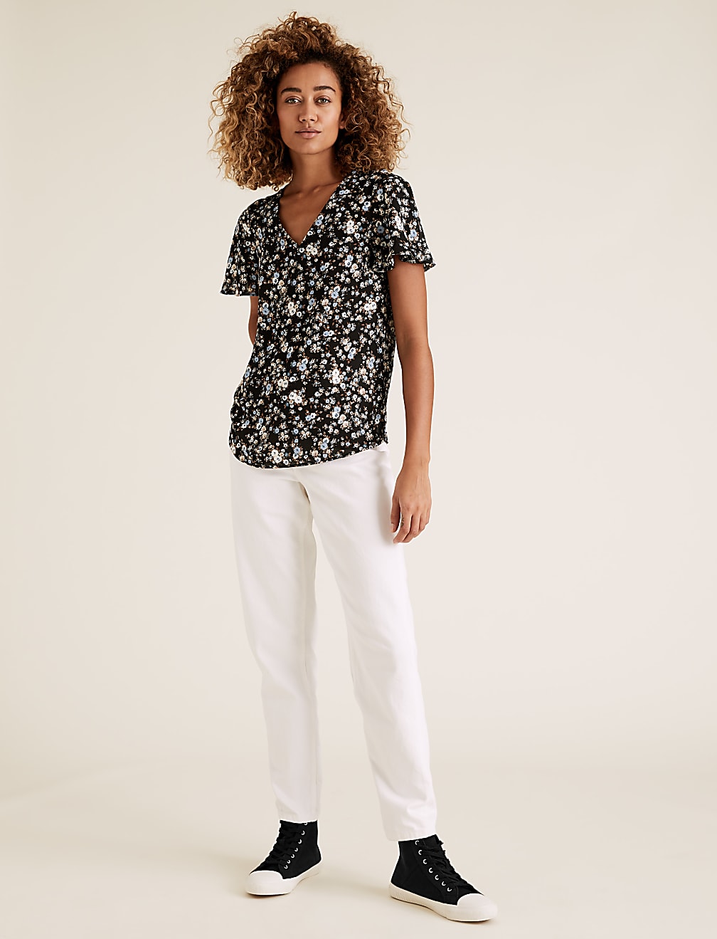 Floral V-Neck Flutter Sleeve Blouse