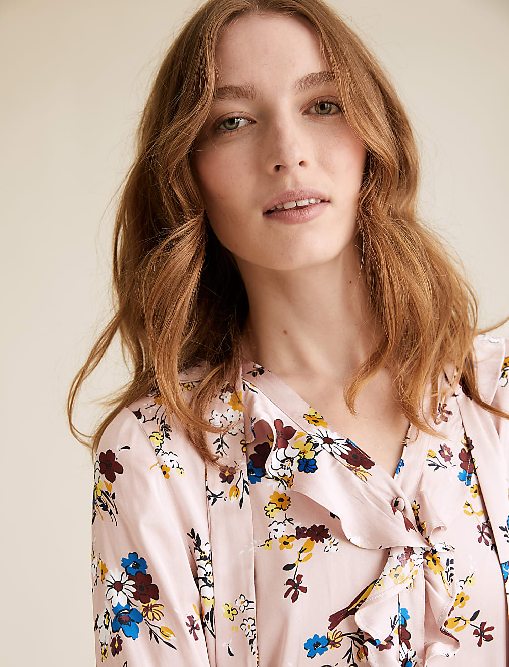Satin Floral Tie Neck Ruffle Blouse