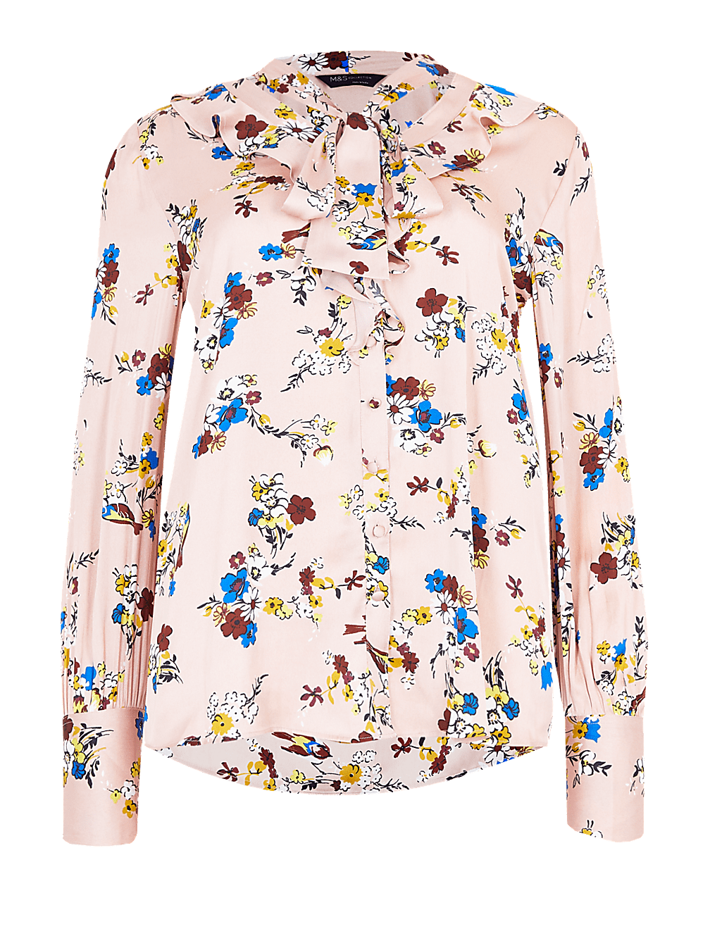 Satin Floral Tie Neck Ruffle Blouse