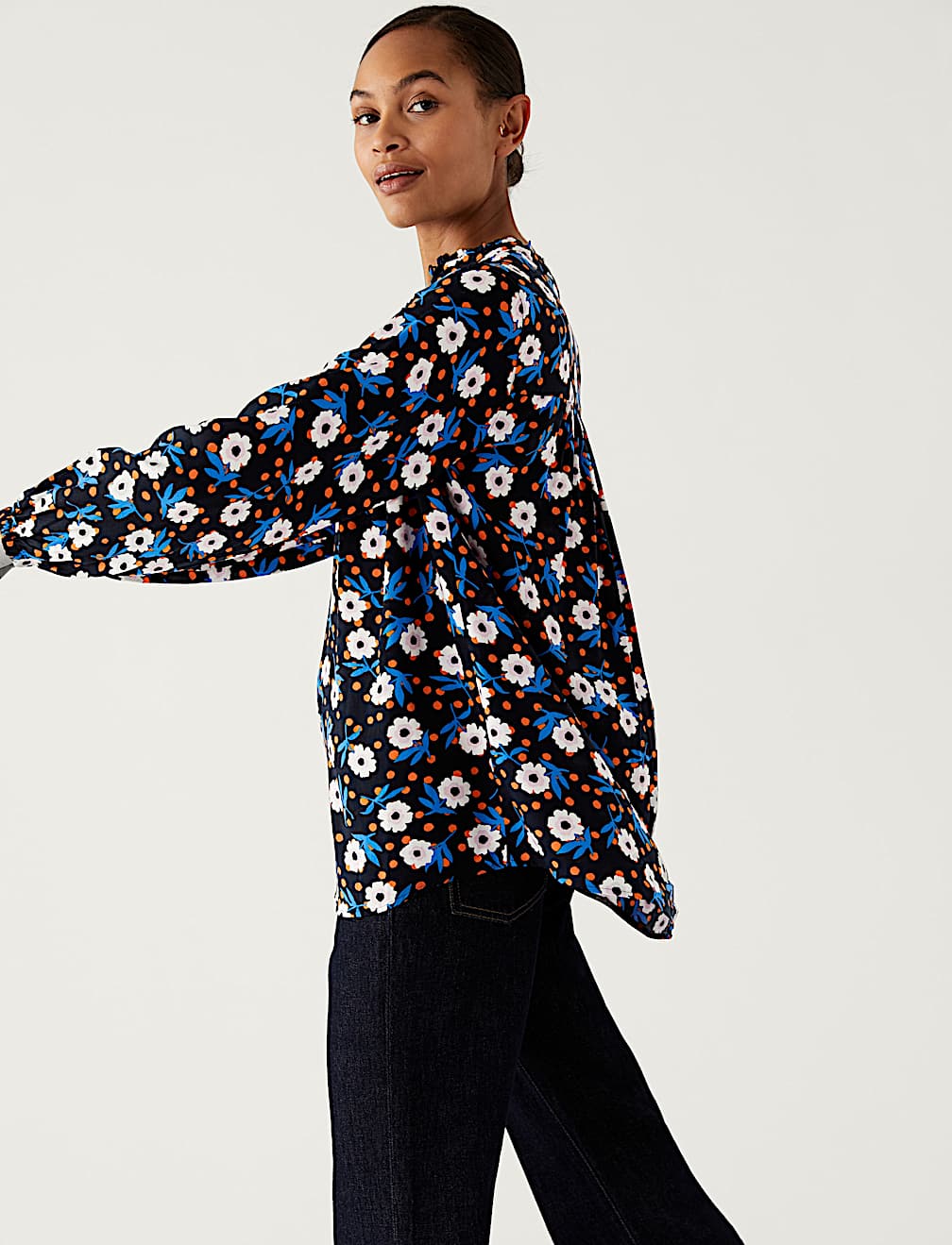 Printed V-Neck Longline Blouse