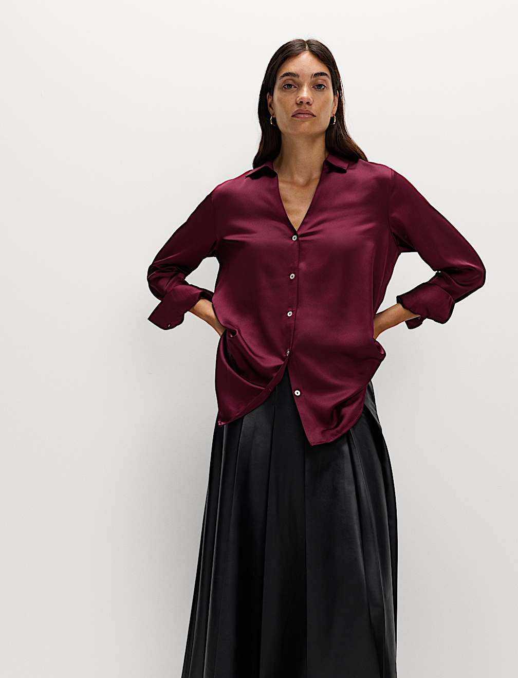 Satin Collared V-Neck Button Through Shirt