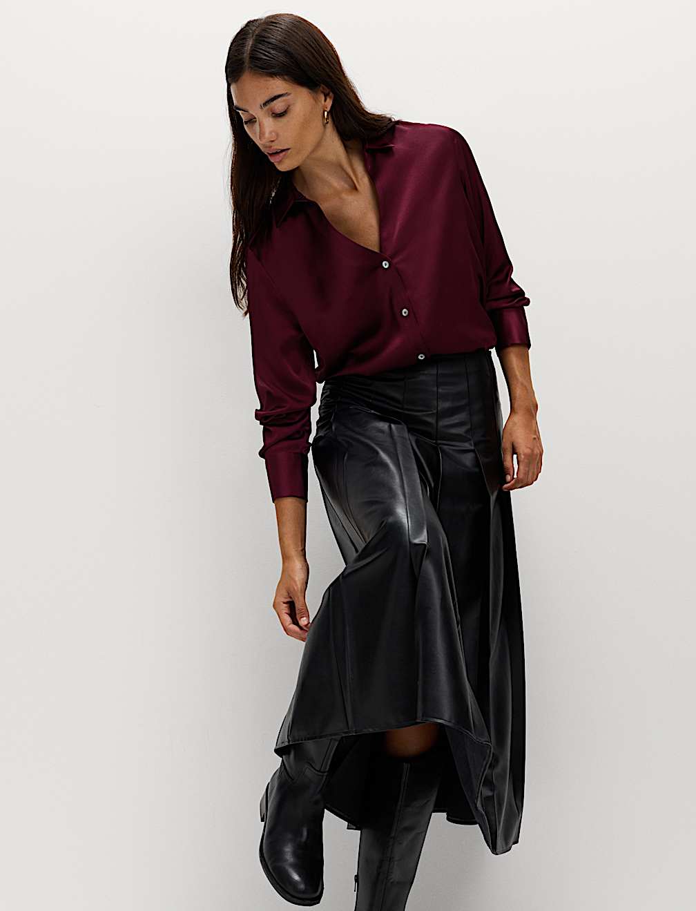 Satin Collared V-Neck Button Through Shirt