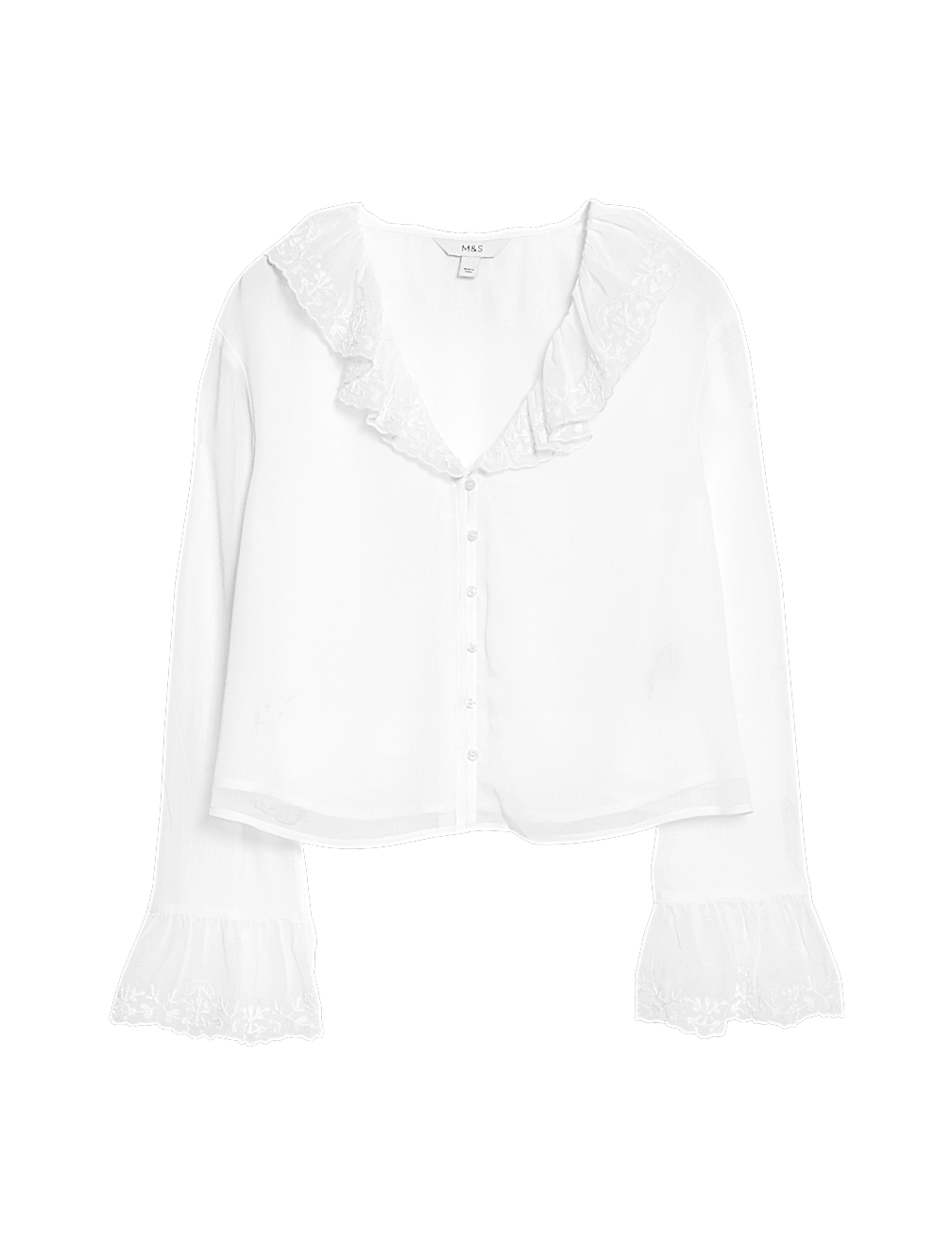 Frill Neck Broderie Button Through Blouse