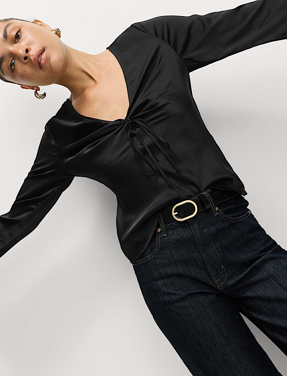 Satin Tie Front Long Sleeve V-Neck Top