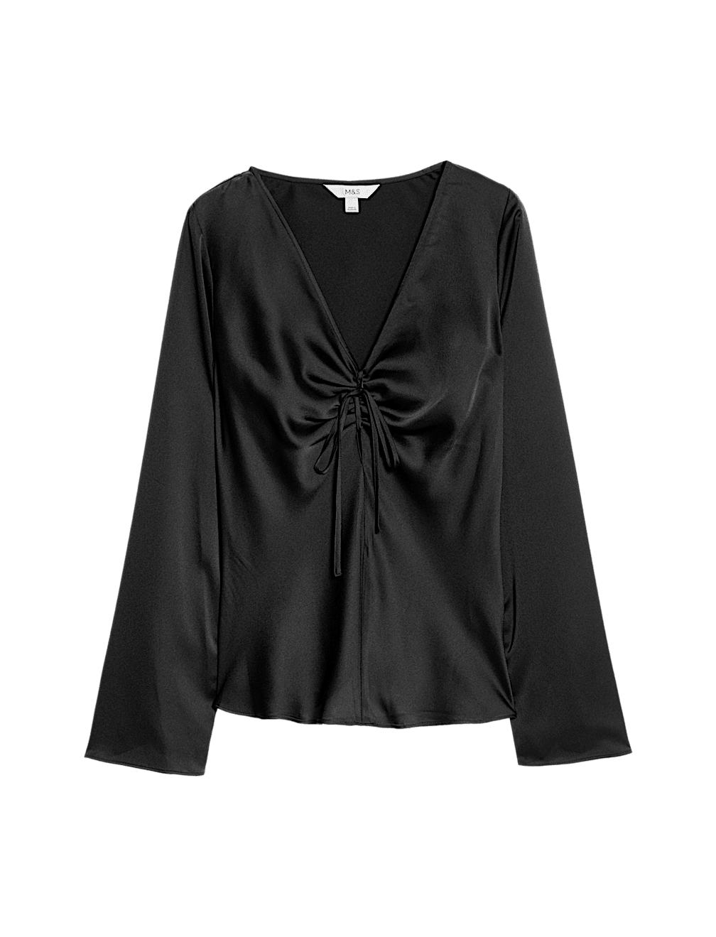 Satin Tie Front Long Sleeve V-Neck Top