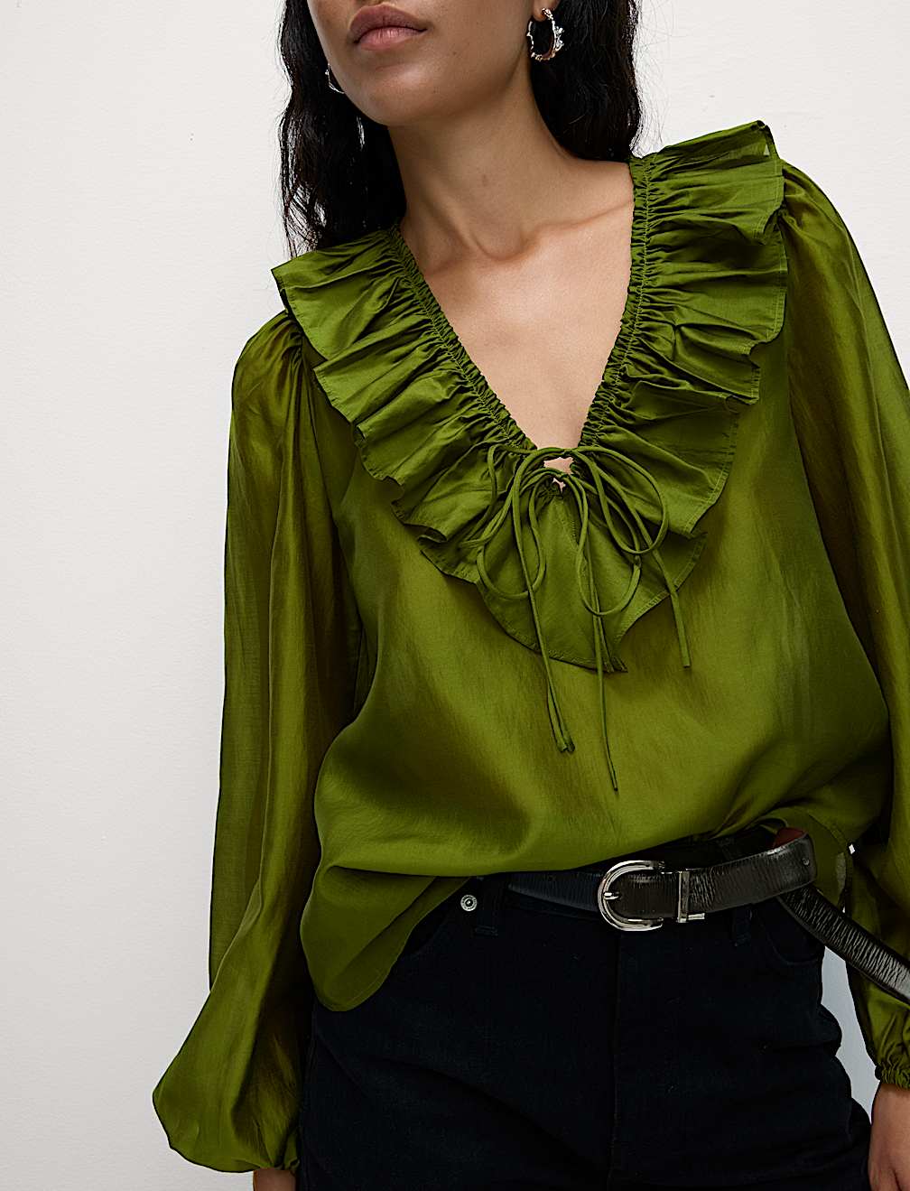 Lyocell Rich Frill Detail V-Neck Top