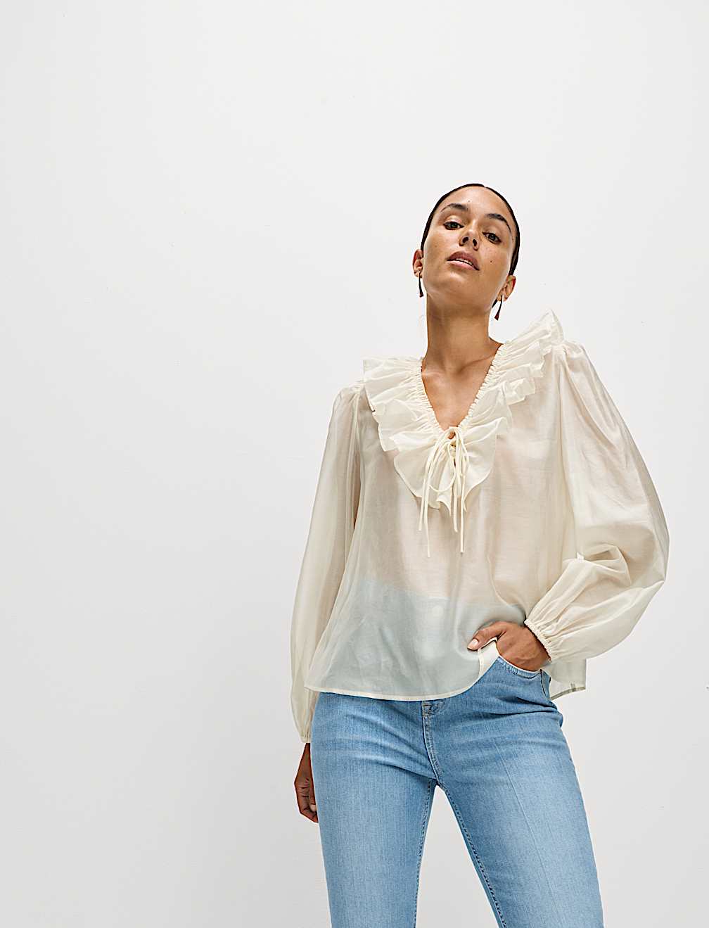 Lyocell Rich Frill Detail V-Neck Top