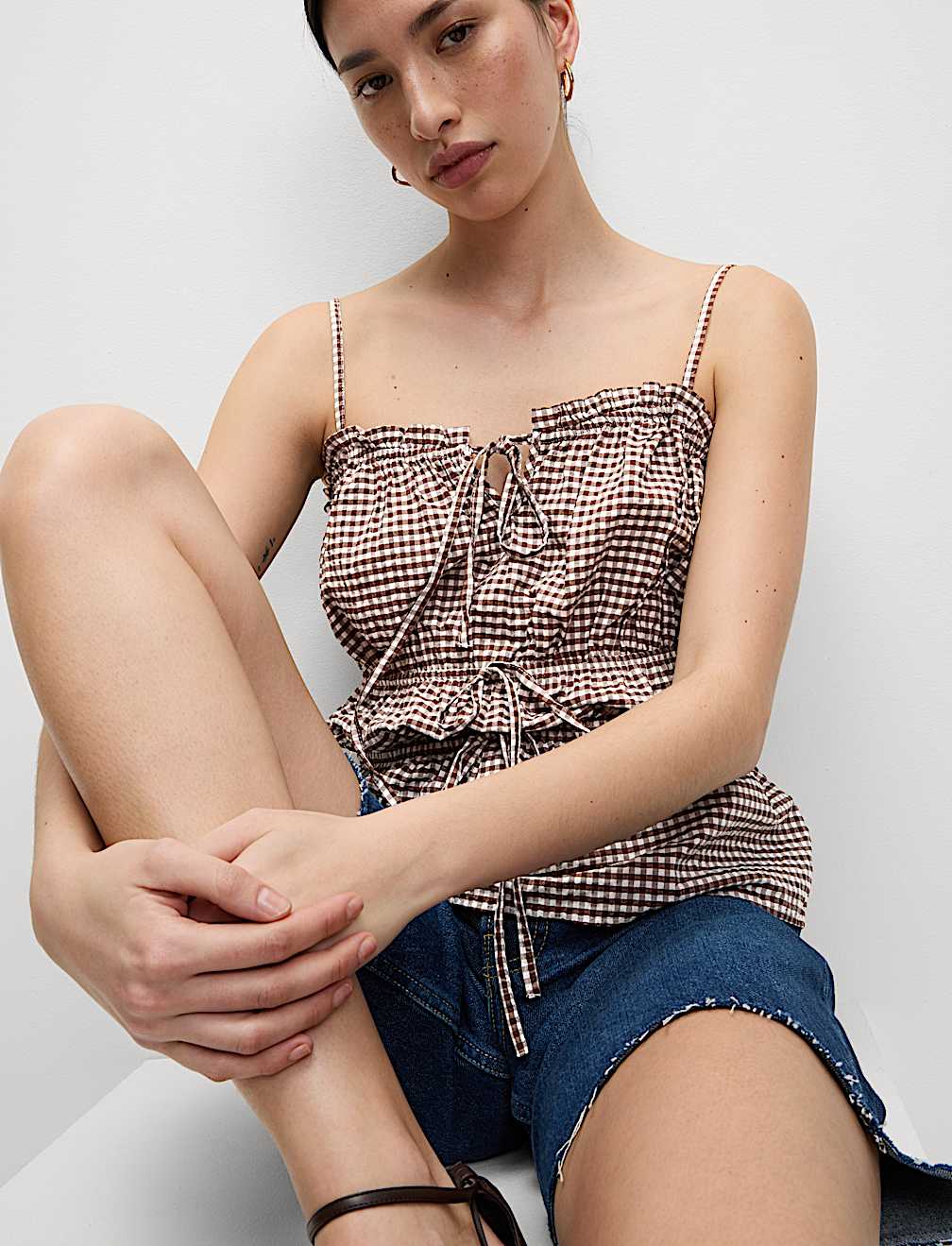 Modal Rich Gingham Tie Front Cami Top