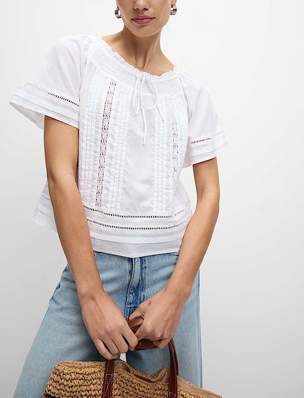 Pure Cotton Embroidered Tie Neck Top