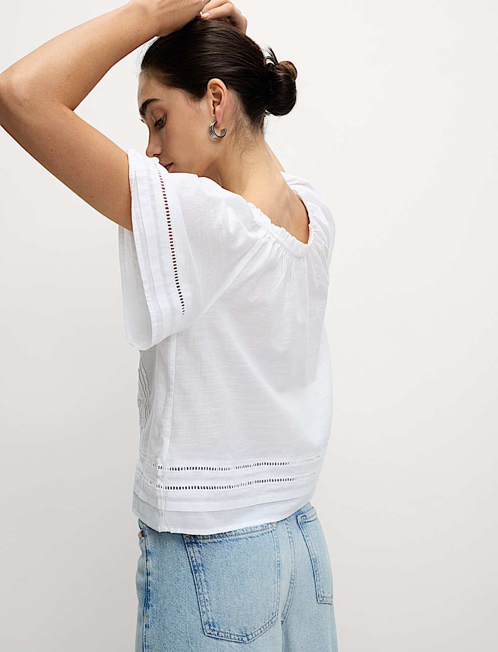 Pure Cotton Embroidered Tie Neck Top