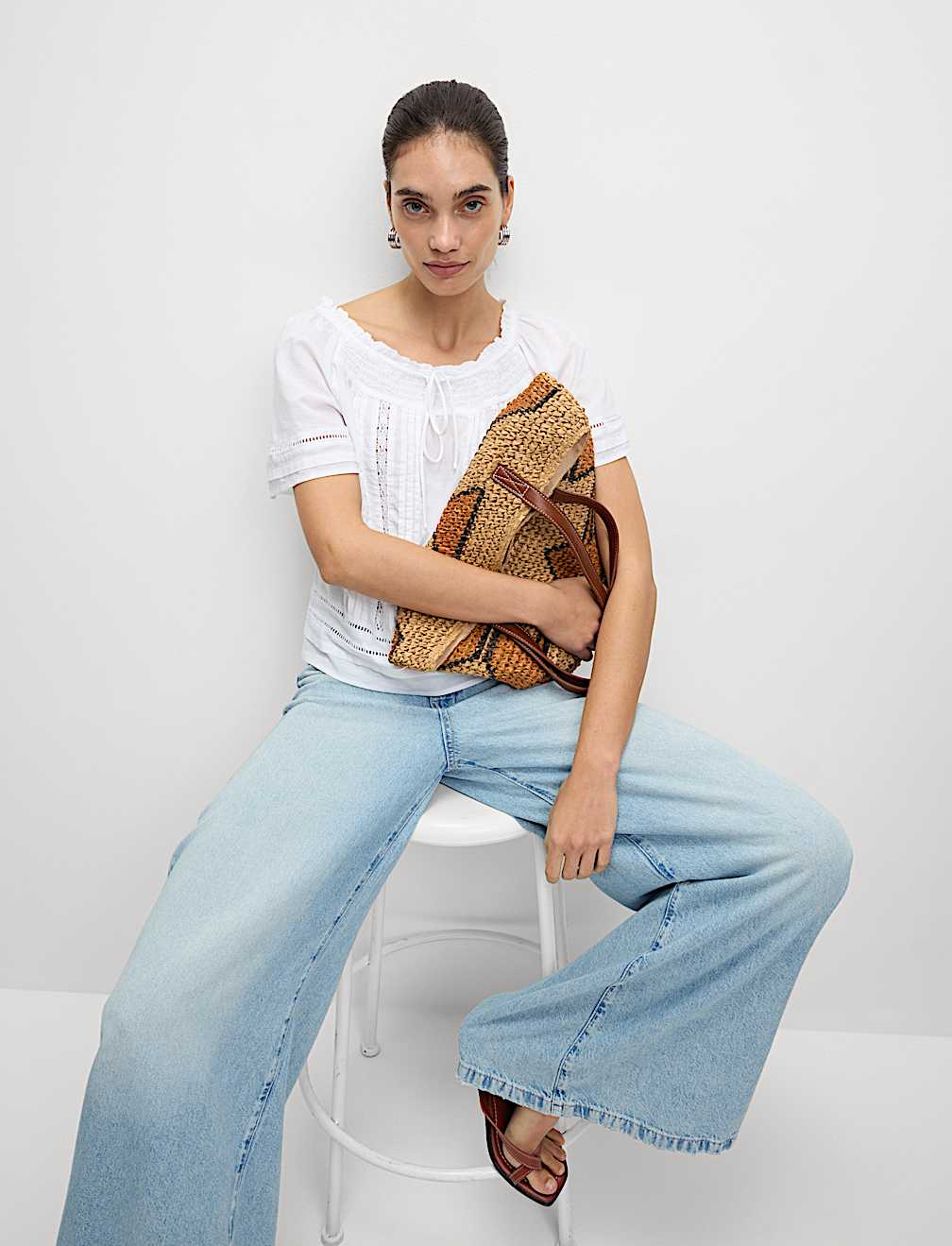 Pure Cotton Embroidered Tie Neck Top