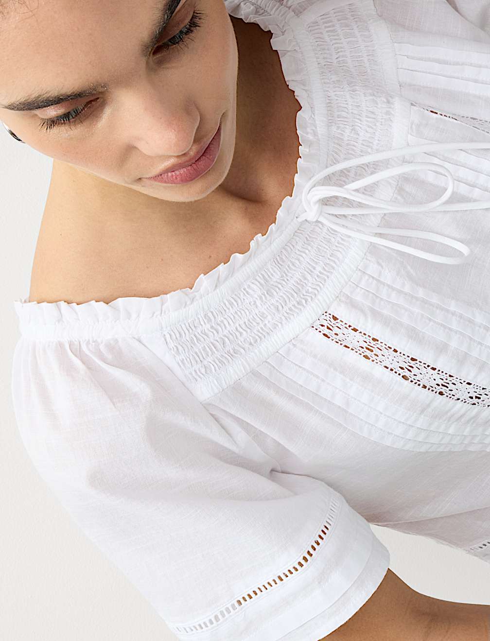 Pure Cotton Embroidered Tie Neck Top