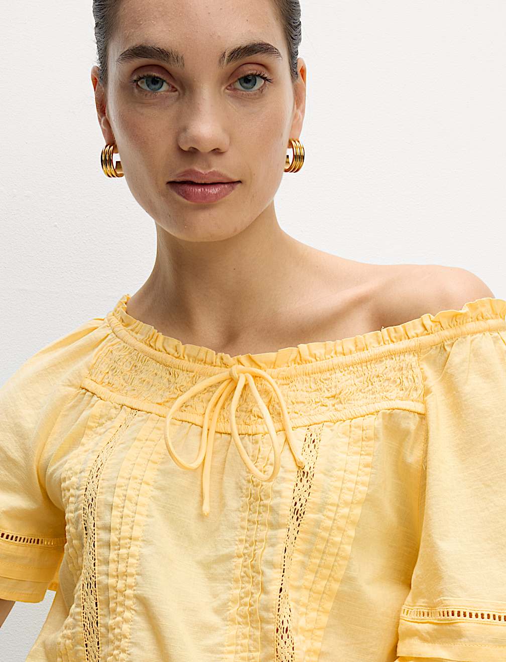 Pure Cotton Embroidered Tie Neck Top